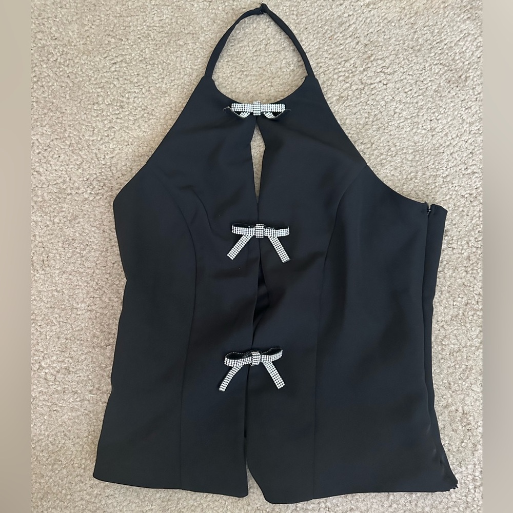 Elegant Black Halter Top with Bow Accents